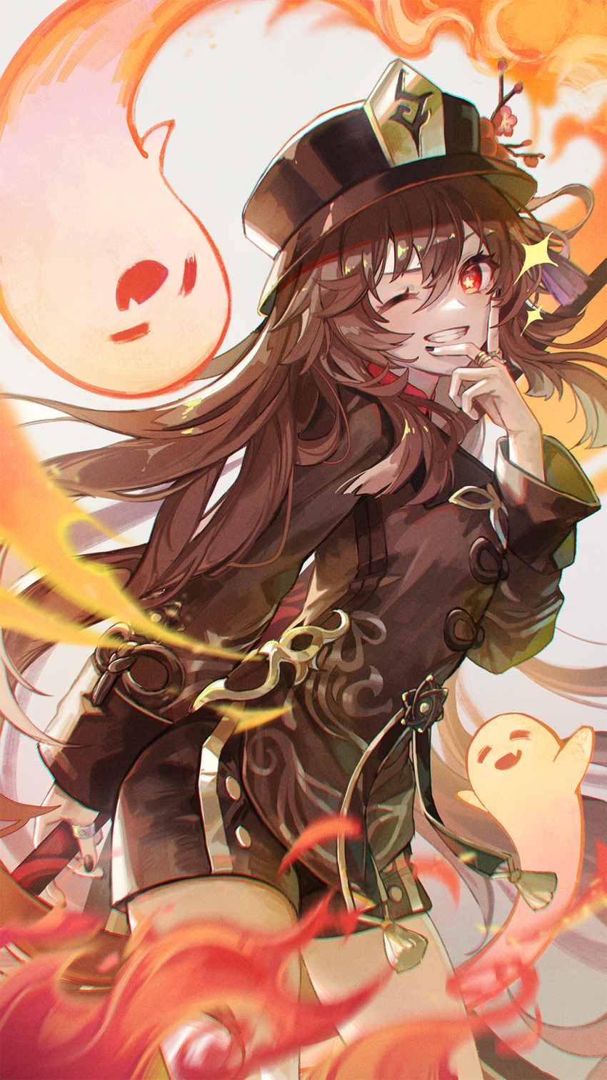 1girl black_nails black_shorts boo_tao_(genshin_impact) brown_coat brown_hair coat commentary_request cowboy_shot flower flower-shaped_pupils genshin_impact grin hand_on_own_face hand_up hat hat_flower highres holding hu_tao_(genshin_impact) jewelry kyusoukyu long_hair long_sleeves looking_at_viewer multiple_rings one_eye_closed plum_blossoms porkpie_hat ring shorts smile solo sparkle symbol-shaped_pupils tassel very_long_hair