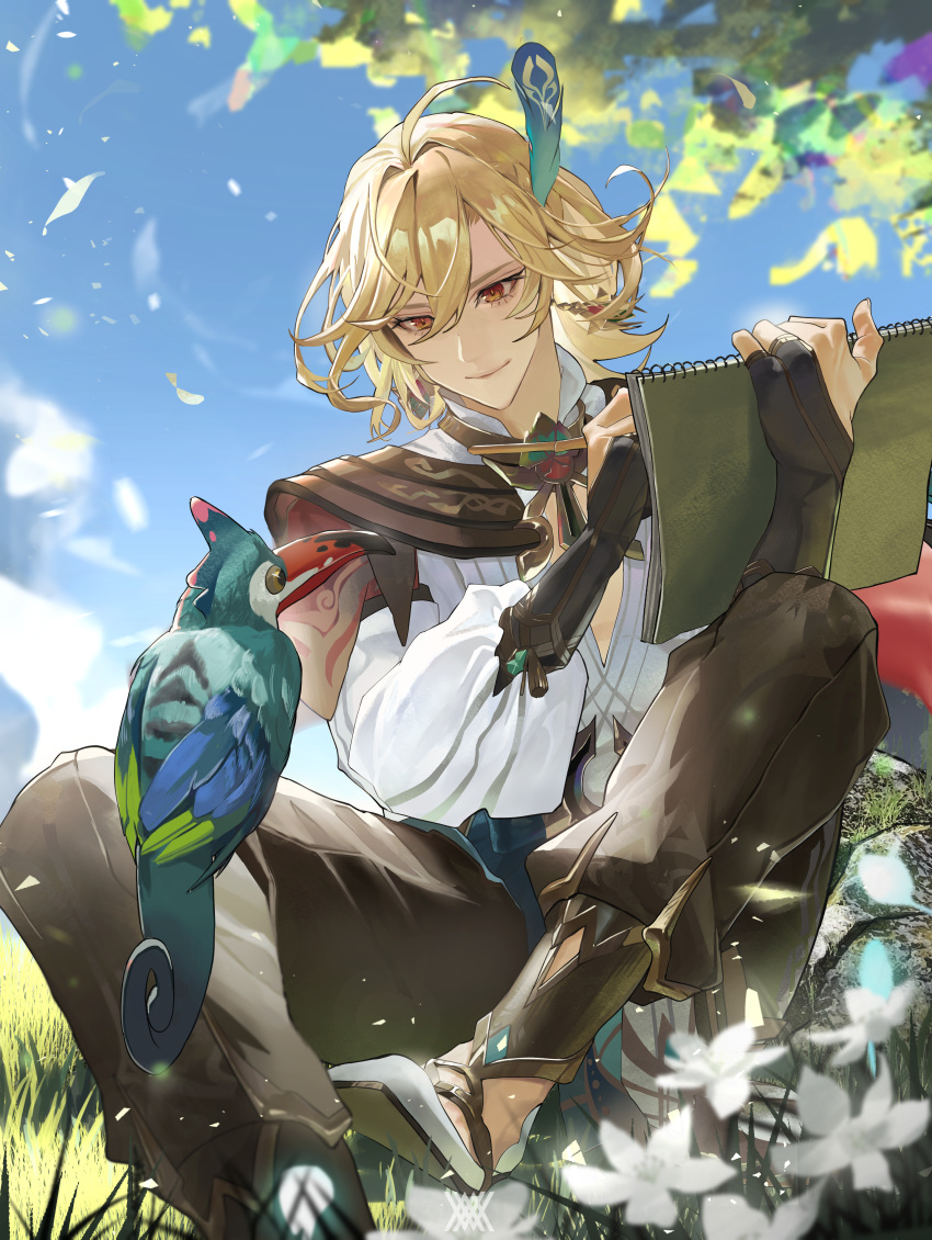 1boy absurdres ahoge animal bird bird_on_leg black_gloves blonde_hair blue_sky brown_eyes brown_pants clouds commentary day drawing elbow_gloves falling_petals feather_hair_ornament feathers fingerless_gloves flower foot_out_of_frame genshin_impact gloves grass hair_between_eyes hair_ornament highres holding holding_pen holding_sketchbook kaveh_(genshin_impact) leaf long_sleeves looking_at_animal male_focus medium_hair niwaka_(niwaka_byakko) on_grass outdoors pants pen petals puffy_long_sleeves puffy_sleeves shirt shoes sitting sketchbook sky smile solo toucan tree white_flower white_footwear white_shirt wind