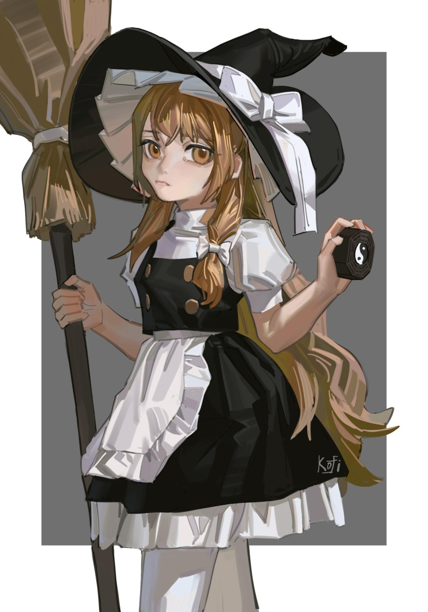 1girl apron artist_name black_dress black_headwear blonde_hair border bow broom closed_mouth cowboy_shot dress from_side frown grey_background hands_up hat hat_bow highres holding holding_broom kirisame_marisa kofi-mo long_hair looking_at_viewer looking_to_the_side outside_border pantyhose puffy_short_sleeves puffy_sleeves shirt short_dress short_sleeves signature solo touhou very_long_hair waist_apron white_apron white_border white_bow white_pantyhose white_shirt witch_hat yellow_eyes