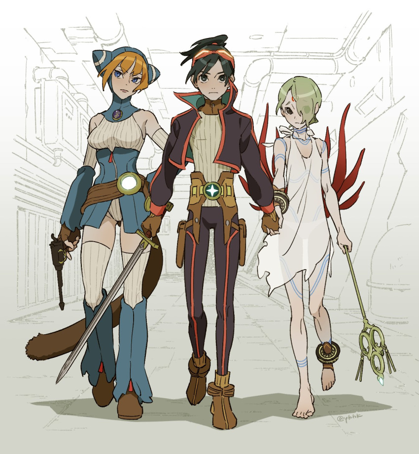 1boy 2girls animal_hood barefoot blue_eyes bracelet breasts breath_of_fire breath_of_fire_v cat_hood closed_mouth dress facial_mark full-body_tattoo full_body gloves green_hair hair_over_one_eye highres hood jewelry lin_(breath_of_fire) looking_at_viewer multiple_girls nina_(breath_of_fire_v) orange_hair red_wings ryuu_(breath_of_fire_v) see-through short_hair sword tail tattoo thigh-highs weapon white_dress wings yukihiko