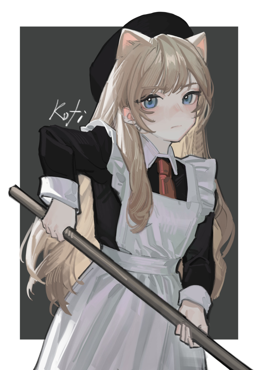 1girl animal_ears apron artist_name beret black_dress black_headwear blonde_hair blue_eyes blush border cat_ears closed_mouth collared_dress dress grey_background hat highres holding holding_stick kofi-mo long_hair long_sleeves looking_at_viewer maid maid_apron necktie original outside_border red_necktie signature solo stick upper_body white_apron white_border