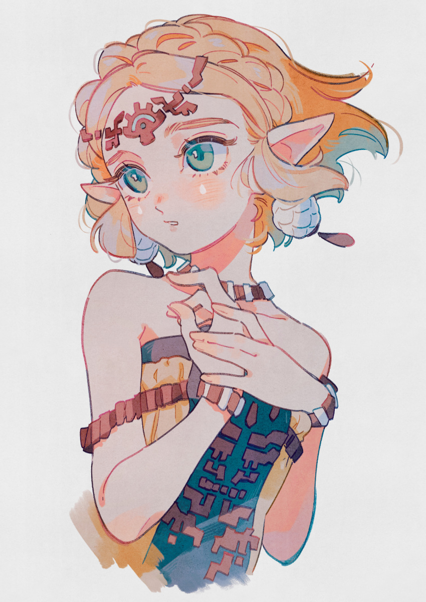 1girl bare_shoulders blonde_hair blush braid cropped_torso crown_braid dress earrings floating_hair green_eyes highres jewelry necklace oharu-chan pointy_ears princess_zelda short_hair simple_background solo strapless strapless_dress teardrop_facial_mark the_legend_of_zelda the_legend_of_zelda:_tears_of_the_kingdom white_background white_dress