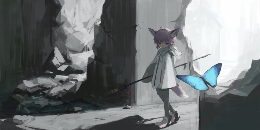 1girl ahoge animal_ears arknights black_pantyhose blue_butterfly blue_eyes bug butterfly closed_mouth coat codemoretech commentary_request cross fox_ears fox_girl fox_tail highres holding holding_staff hood hood_down hooded_coat long_sleeves pantyhose purple_hair red_cross ruins shoes short_hair solo staff sussurro_(arknights) tail white_coat white_footwear wide_shot