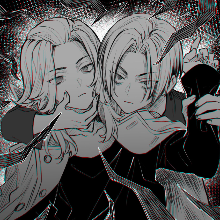 2boys closed_mouth collarbone empty_eyes grabbing_another's_chin greyscale hand_on_another's_chin hand_up highres jacket jacket_on_shoulders long_hair long_sleeves looking_at_viewer male_focus monochrome multiple_boys nanin sano_manjirou shirt short_hair sleeves_past_wrists tokyo_revengers upper_body v-shaped_eyebrows