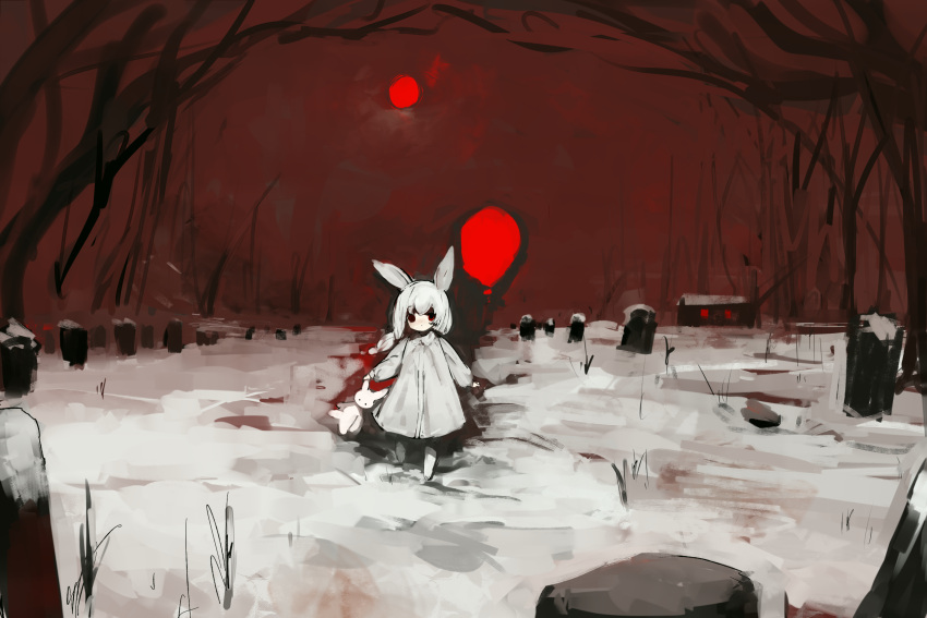 1girl animal_ears balloon bare_tree braid cabin commentary dress expressionless grave highres holding holding_balloon holding_stuffed_toy holding_toy long_sleeves looking_at_viewer mismatched_pupils moon night original outdoors rabbit rabbit_ears rabbit_girl rabbit_tail red_eyes red_moon red_sky shaded_face shirokujira sky sleeves_past_wrists snow stuffed_animal stuffed_toy tail toy tree white_dress white_fur white_hair wide_shot
