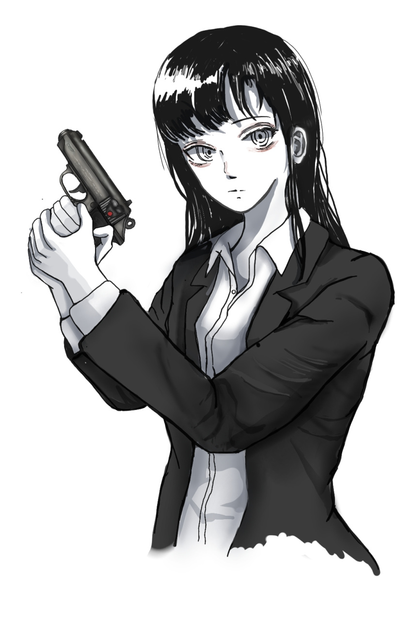 1girl 787nanahachi asymmetrical_bangs blazer business_casual closed_mouth collared_shirt commentary cropped_torso dress_shirt greyscale gun handgun highres holding holding_gun holding_weapon jacket lapels long_hair long_sleeves looking_at_viewer monochrome notched_lapels office_lady open_clothes open_collar open_jacket original ringed_eyes serious shirt simple_background solo spot_color textless_version upper_body walther walther_ppk weapon