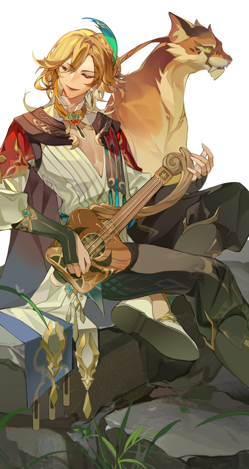 1boy absurdres bishounen black_gloves black_pants blonde_hair braid brown_cape cape collar crossed_legs crown_braid elbow_gloves feather_hair_ornament feathers fingerless_gloves foot_out_of_frame from_side genshin_impact gloves grass hair_ornament half-closed_eyes highres holding holding_instrument instrument ju_hua_wu_huafei kaveh_(genshin_impact) looking_down lute_(instrument) male_focus medium_hair music open_mouth outdoors pants pectoral_cleavage pectorals playing_instrument red_eyes rishboland_tiger_(genshin_impact) rock shirt shoes sitting sitting_on_rock smile solo swept_bangs tassel tiger white_background white_footwear white_shirt