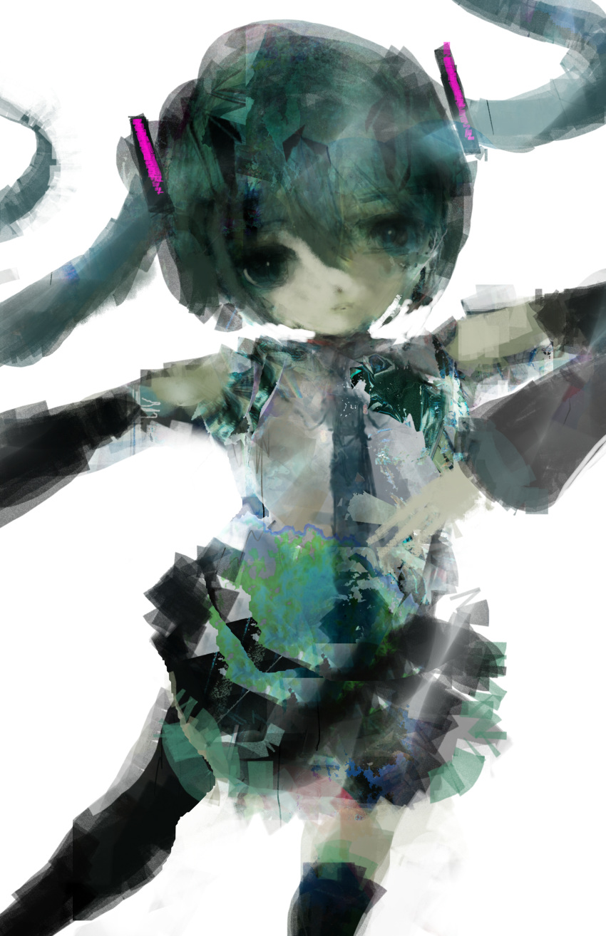 1girl abstract absurdres aqua_hair black_sleeves detached_sleeves hatsune_miku highres hilty simple_background solo twintails vocaloid white_background