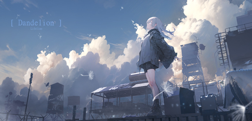 1girl absurdres aqua_eyes artist_name black_coat black_footwear black_shorts blurry blurry_foreground boots closed_mouth clouds coat dandelion day english_text fence flower from_below full_body highres ladder lifeline_(a384079959) long_hair long_sleeves original outdoors profile radio_antenna scenery shorts sky socks solo standing transmission_tower white_hair