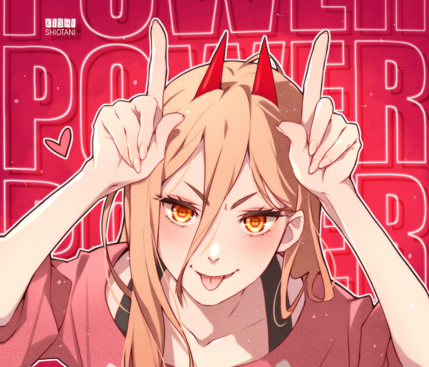 1girl artist_name chainsaw_man character_name collarbone cross-shaped_pupils finger_horns fingernails hair_between_eyes highres horns horns_pose index_fingers_raised kishishiotani long_bangs looking_at_viewer pink_hair power_(chainsaw_man) red_background red_horns red_shirt sharp_teeth shirt solo symbol-shaped_pupils teeth tongue tongue_out upper_body v-shaped_eyebrows yellow_eyes