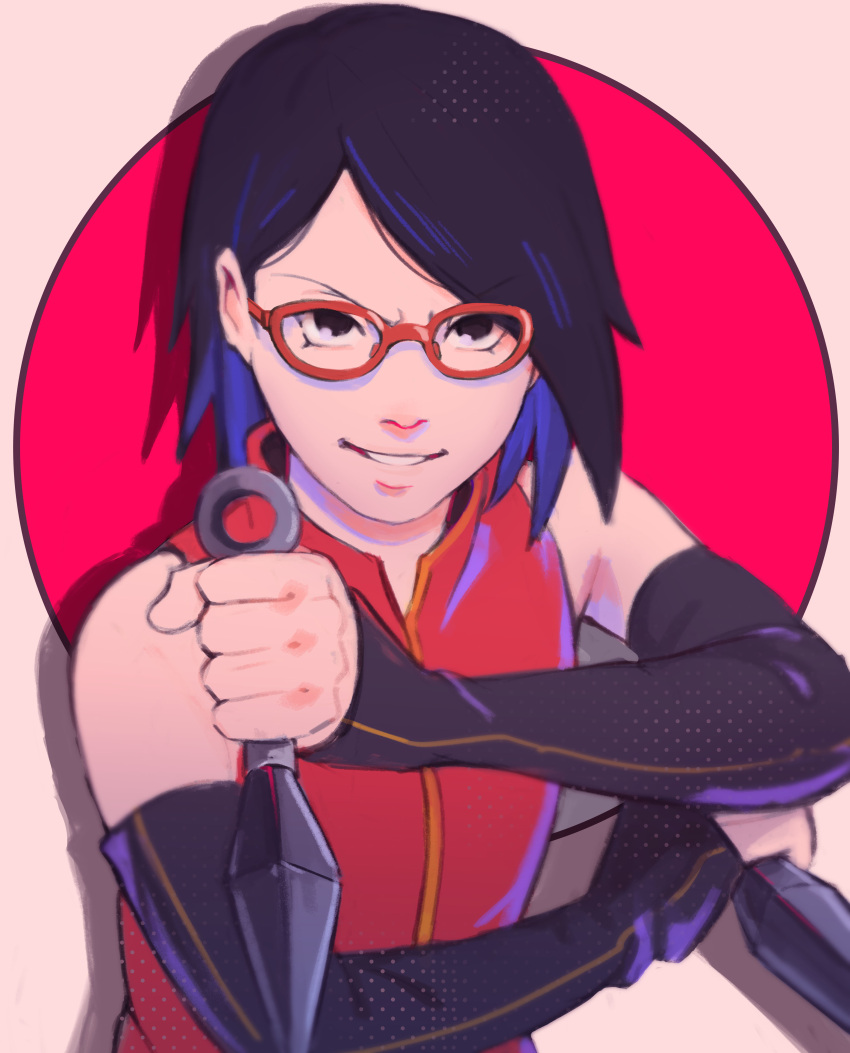1girl absurdres bare_shoulders black_eyes black_hair boruto:_naruto_next_generations elbow_gloves glasses gloves grin highres holding holding_weapon kunai looking_at_viewer naruto_(series) parted_bangs red-framed_eyewear shadow shirt short_hair simple_background sleeveless sleeveless_shirt smile solo teeth uchiha_sarada upper_body weapon xmonday_mintx