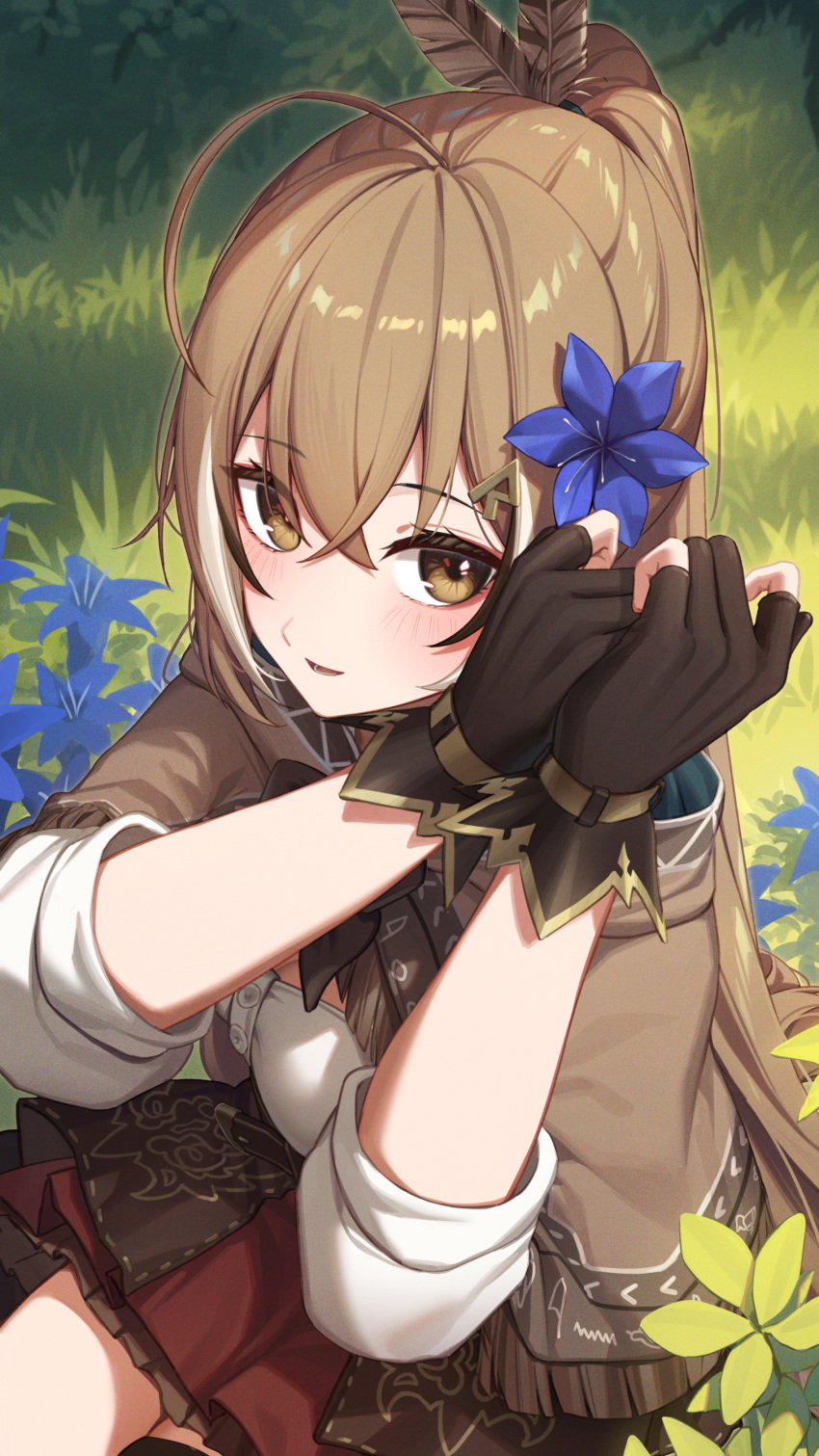 1girl absurdres ahoge black_gloves blue_flower blush brown_capelet brown_cloak brown_eyes brown_hair brown_skirt buttons capelet cloak commentary crossed_bangs english_commentary erezu eyelashes feather_hair_ornament feathers flower gloves grass hair_between_eyes hair_flower hair_ornament hairclip hands_up high_ponytail highres hololive hololive_english hood hood_down hooded_cloak long_hair long_sleeves looking_at_viewer multicolored_hair nanashi_mumei nanashi_mumei_(1st_costume) open_mouth outdoors partially_fingerless_gloves plant pleated_skirt ponytail red_skirt shirt sidelocks skirt sleeves_rolled_up smile solo streaked_hair teeth very_long_hair virtual_youtuber white_hair white_shirt