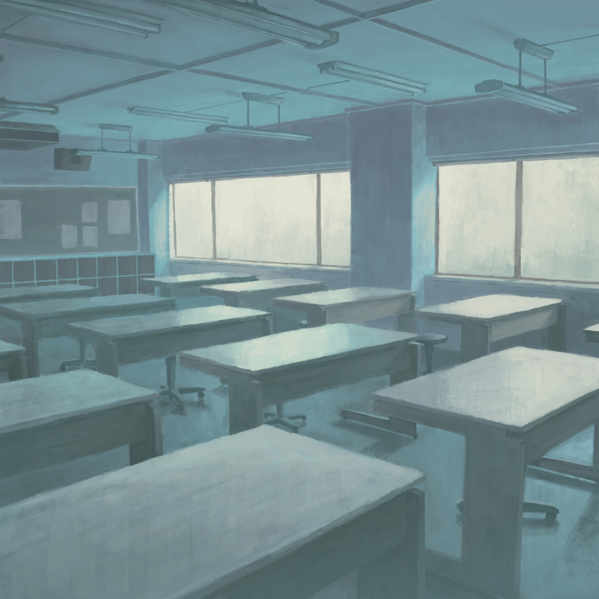 blue_theme classroom commentary_request desk fluorescent_lamp gensuke_(ryun) highres indoors no_humans original scenery school school_desk stool variant_set window
