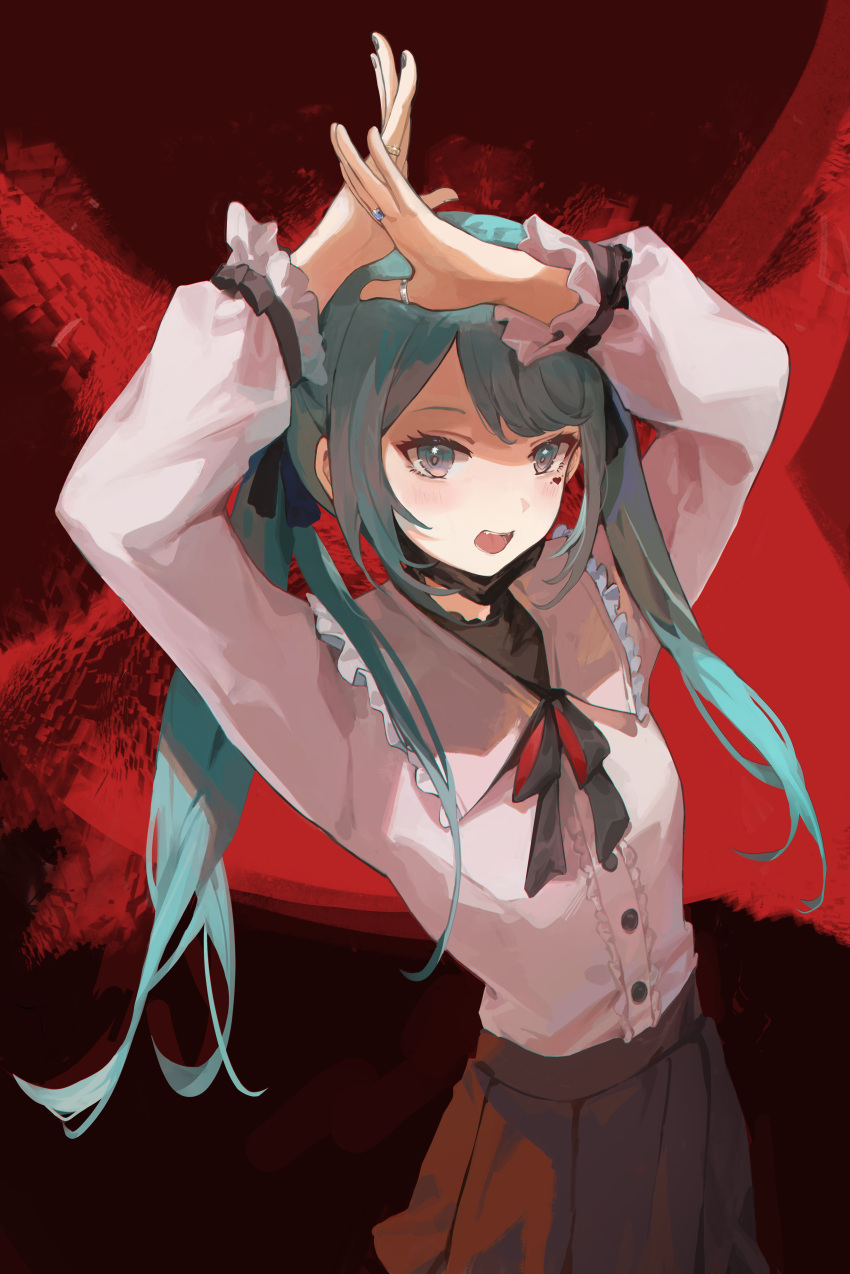 1girl absurdres aqua_eyes aqua_hair arms_up black_nails black_skirt blush collared_shirt commentary facial_mark fangs frilled_sleeves frills from_above hair_ribbon hatsune_miku heart highres jewelry long_hair long_sleeves looking_at_viewer mada_(shizhou) multiple_rings nail_polish neck_ribbon open_mouth pleated_skirt red_background ribbon ring shirt skirt solo symbol-only_commentary teeth twintails vocaloid white_shirt x_arms
