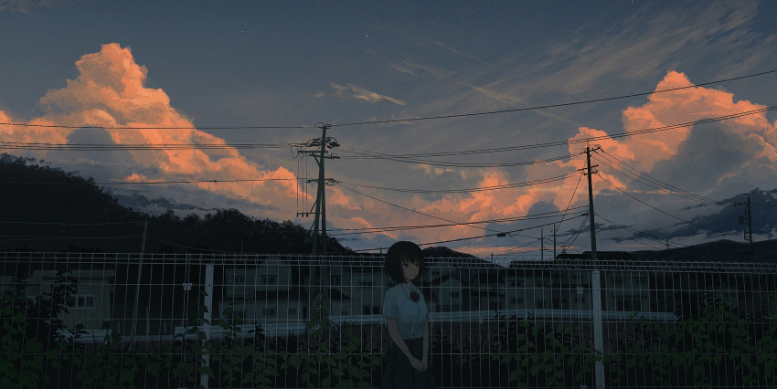 1girl black_hair blue_skirt blue_sky bob_cut bow bowtie brown_eyes building closed_mouth clouds collared_shirt cowboy_shot cumulonimbus_cloud evening fence film_grain gensuke_(ryun) hair_between_eyes highres house orange_clouds original outdoors pleated_skirt power_lines red_bow red_bowtie scenery shirt short_hair short_sleeves skirt sky solo standing star_(sky) starry_sky summer tree utility_pole white_shirt wide_shot