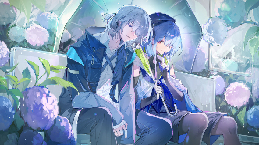 2boys absurdres arknights bandaged_fingers bandaged_hand bandages bench black_coat black_gloves black_pantyhose black_shirt blackte69652249 blue_flower blue_gloves blue_hair blue_headwear closed_eyes closed_mouth coat collarbone doctor_(arknights) ear_piercing earrings elbow_gloves finger_to_mouth flower gloves gradient_hair grey_hair grey_pants grey_shorts hair_over_one_eye hands_up hat highres holding holding_umbrella hood hood_down hydrangea jewelry leaf leaning_on_person long_hair long_sleeves looking_at_viewer male_doctor_(arknights) male_focus mizuki_(arknights) multicolored_clothes multicolored_gloves multicolored_hair multiple_boys one_eye_covered open_clothes open_coat pants pantyhose parted_lips piercing pink_eyes pink_hair purple_flower shirt short_hair short_ponytail shorts shushing sidelocks sitting sleeping sleeveless sleeveless_shirt smile transparent transparent_umbrella umbrella very_long_hair white_gloves white_shirt