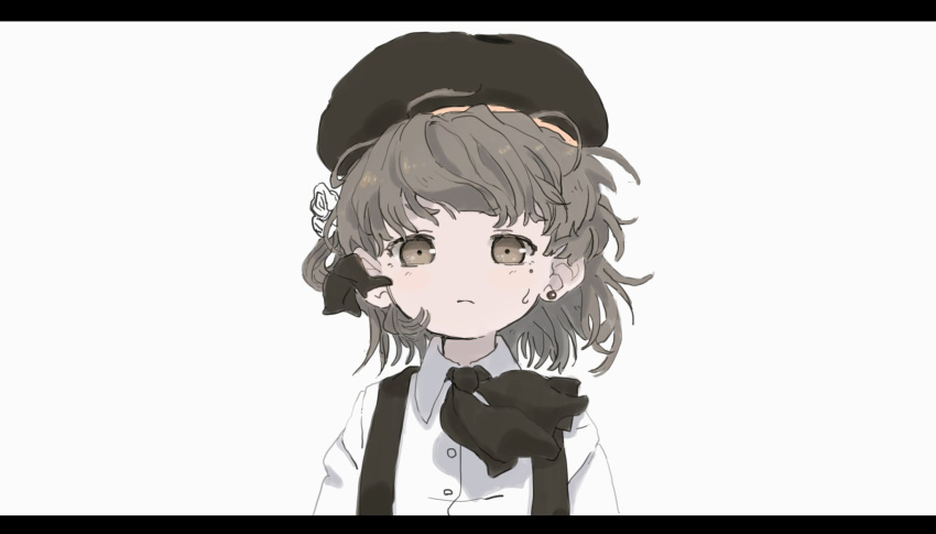 1girl arms_at_sides beret black_headwear black_ribbon brown_eyes brown_hair buttons closed_mouth collared_shirt commentary dress_shirt earrings floating_hair flower frown hair_flower hair_ornament hair_ribbon hariyama_sugiru hat hatoba_tsugu highres jewelry letterboxed light_blush looking_at_viewer mole mole_under_eye neck_ribbon ribbon rose shirt short_hair simple_background single_earring solo straight-on stud_earrings suspenders sweatdrop thick_eyebrows tsugu_(vtuber) upper_body v-shaped_eyebrows white_background white_flower white_rose white_shirt wind