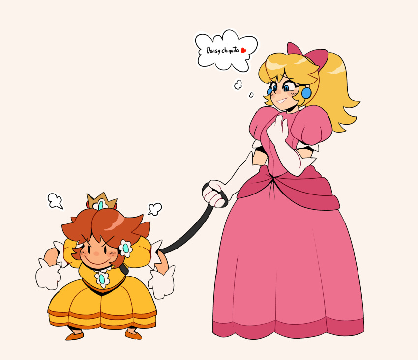 2girls blonde_hair blue_eyes brown_hair comedy crown dress earrings elbow_gloves gloves heart highres holding holding_leash jewelry leash medium_hair multiple_girls orange_dress pink_dress princess_daisy princess_peach simple_background super_mario_bros. thegreyzen thought_bubble white_background white_gloves