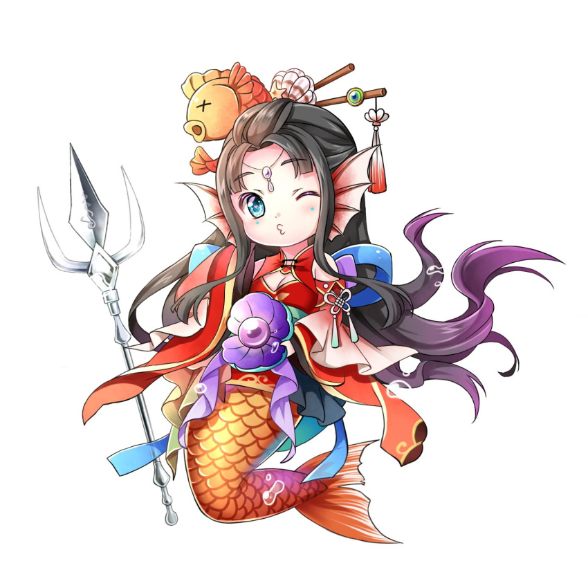 1girl back_bow bare_shoulders black_hair blue_bow blue_eyes bow chinese_clothes chinese_hairpin clothing_cutout dress fins fish_girl fish_hair_ornament fish_tail floating_hair forehead_jewel full_body gem gyaza hair_ornament hanfu head_fins highres long_hair menghuan_xi_you one_eye_closed original parted_bangs pearl_(gemstone) polearm red_dress shell shoulder_cutout solo tail trident weapon whistling white_background wide_sleeves