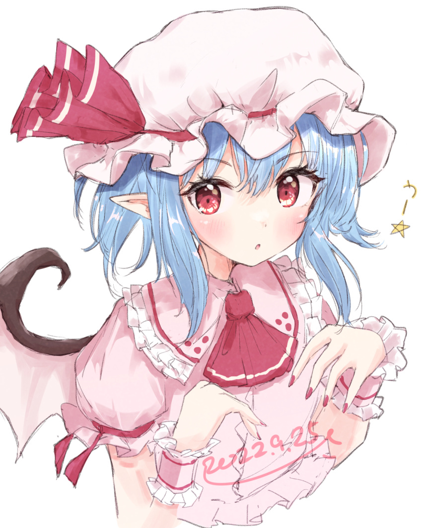 1girl ? ascot bat_wings blue_hair commentary dated hat hat_ribbon highres looking_at_viewer pointy_ears red_ascot red_eyes red_nails red_ribbon remilia_scarlet ribbon shiisaa3 short_hair short_sleeves sidelocks simple_background solo touhou upper_body white_background white_headwear wings wrist_cuffs