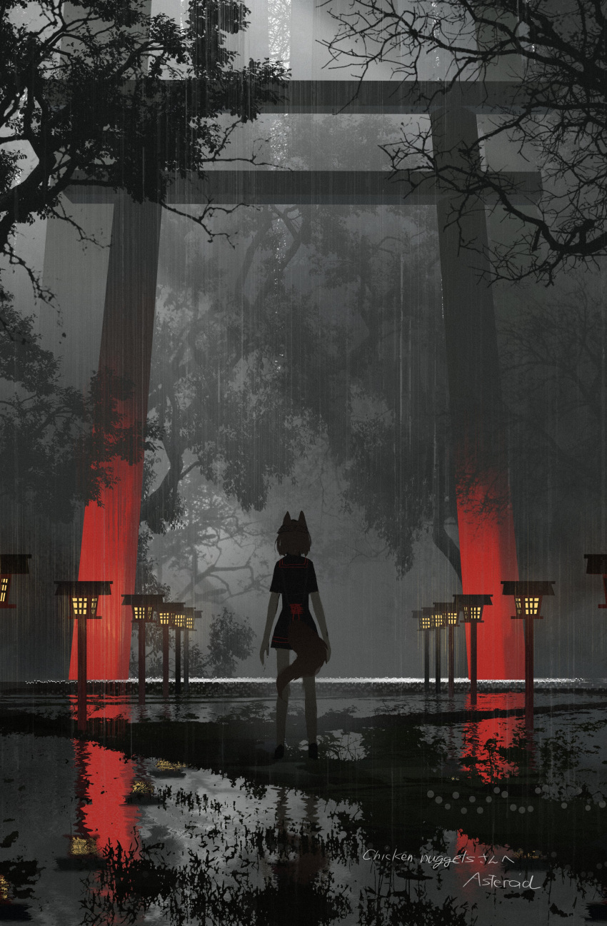 1girl absurdres animal_ears asteroid_ill from_behind highres original outdoors sailor_collar short_hair short_sleeves signature solo standing tail torii tree