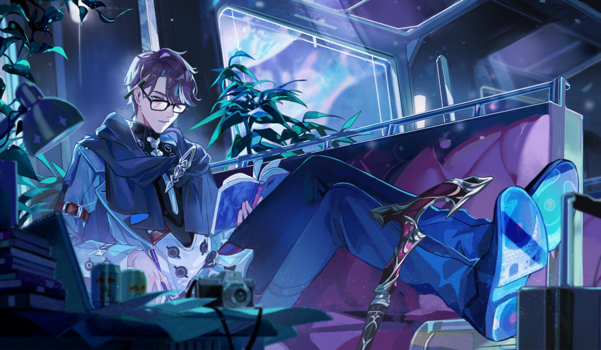 1boy arm_belt belt black-framed_eyewear black_footwear black_pants book book_stack brown_belt brown_hair cameo camera can cane couch crossed_legs desk_lamp expressionless glasses highres hitokoto holding holding_book holding_pen honkai:_star_rail honkai_(series) honkai_impact_3rd knees_up lamp long_sleeves looking_down male_focus multicolored_hair on_couch open_book pants paper pen pencil pencil_behind_ear plant reading scarf shoes short_hair sitting sketchbook solo streaked_hair suitcase theresa_apocalypse theresa_apocalypse_(valkyrie_pledge) thigh_belt thigh_strap train_interior welt_yang white_hair yellow_eyes