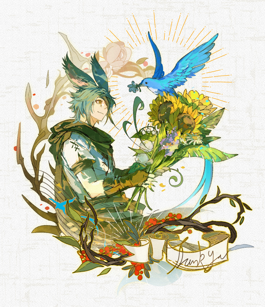 1boy absurdres animal animal_ears aqua_hair bird blue_bird bouquet branch brown_cape brown_gloves cape cropped_torso daisy elbow_gloves final_fantasy final_fantasy_xiv fingerless_gloves flower from_side gloves hair_over_one_eye halo highres holding holding_bouquet leaf lily_of_the_valley male_focus mouth_hold one_eye_covered rabbit_ears shirt short_hair smile solo sunflower thank_you upper_body viera warrior_of_light_(ff14) white_background white_shirt yellow_eyes yuming_haomafan