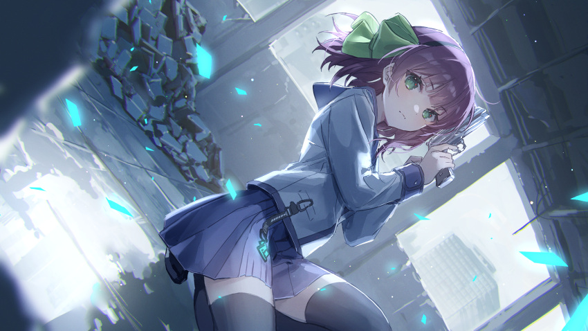 1girl angel_beats! beretta_92 blunt_bangs bow building closed_mouth commentary_request finger_on_trigger green_bow green_eyes gun hair_bow handgun heaven_burns_red highres holding holding_weapon light_particles long_sleeves looking_at_viewer medium_hair nakamura_yuri on_one_knee oyuyu partial_commentary purple_hair purple_skirt revision school_uniform serafuku skirt solo thigh-highs weapon wreckage zettai_ryouiki