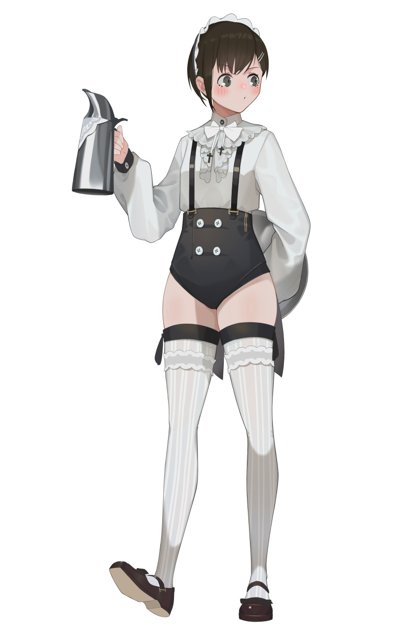 1girl absurdres black_footwear black_hair black_shorts blush bow bowtie breasts buttons cross full_body fuwafuwa4560 hair_ornament hairclip hand_up high-waist_shorts highres holding holding_kettle holding_tray kettle long_sleeves looking_afar looking_to_the_side mary_janes original parted_lips shirt shirt_tucked_in shoes short_hair shorts simple_background small_breasts solo suspender_shorts suspenders tassel thigh-highs tray unconventional_maid white_background white_bow white_bowtie white_headdress white_shirt white_thighhighs