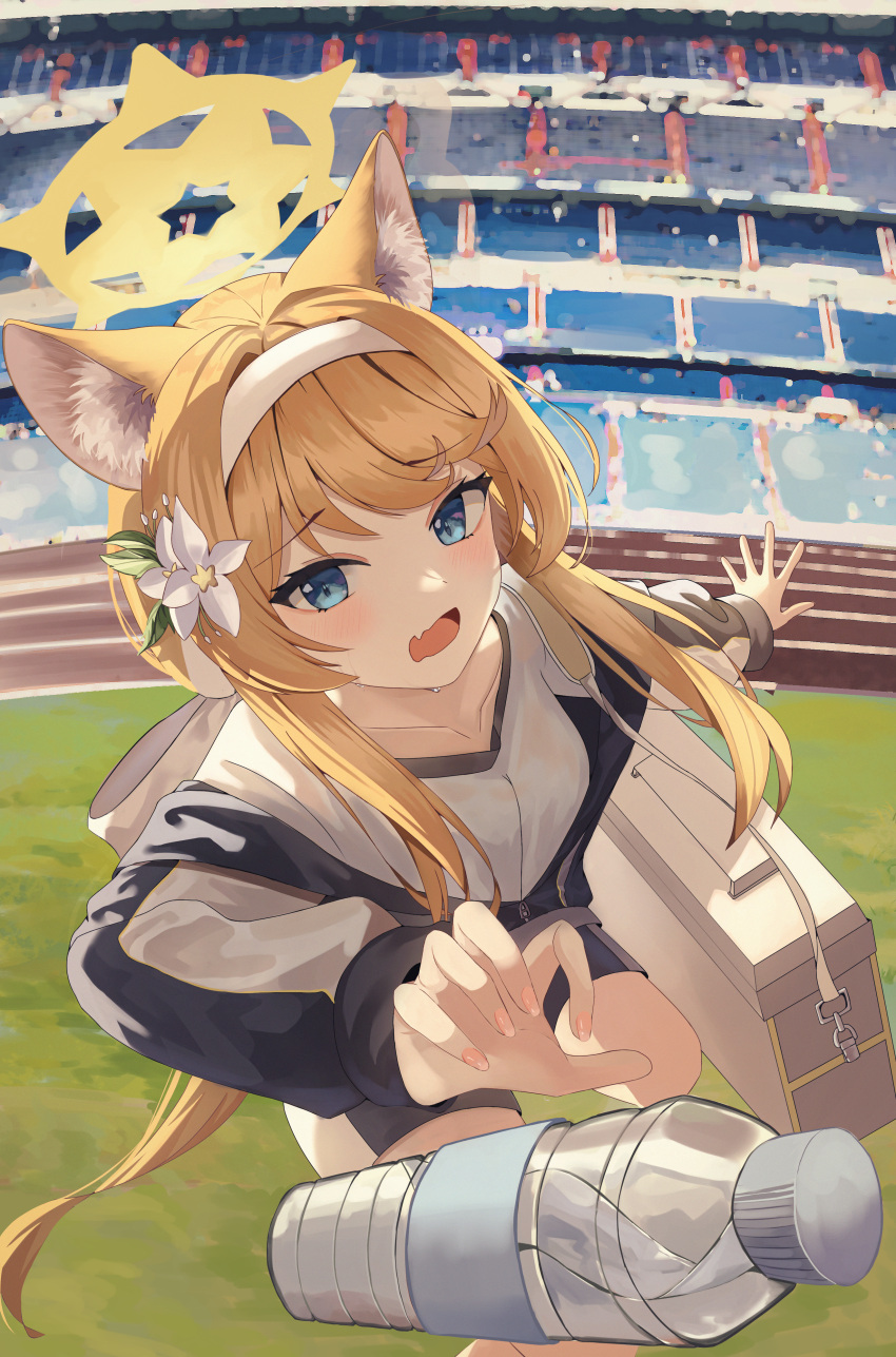 1girl absurdres amelcia_(pyj5341t) animal_ear_fluff animal_ears bag blue_archive blue_eyes blue_jacket blue_shorts blush bottle breasts collarbone commentary_request day falling fang feet_out_of_frame flower fox_ears fox_girl furrowed_brow gym_shirt gym_shorts gym_uniform hair_between_eyes hair_flower hair_intakes hair_ornament hairband halo head_tilt highres jacket long_hair long_sleeves low_ponytail mari_(blue_archive) mari_(track)_(blue_archive) multicolored_clothes multicolored_jacket nail_polish official_alternate_costume orange_hair outdoors outstretched_hand pink_nails ponytail raglan_sleeves shirt short_shorts short_sleeves shorts shoulder_bag sidelocks skin_fang small_breasts solo sportswear stadium sweat sweatdrop sweating_profusely t-shirt thighs track_and_field track_jacket track_suit two-tone_jacket very_long_hair water_bottle white_flower white_hairband white_jacket white_shirt yellow_halo