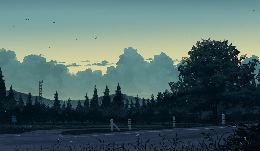 bird bug clouds commentary_request dusk fence firefly forest gensuke_(ryun) grass highres landscape mountainous_horizon nature no_humans original outdoors radio_tower road scenery sign sky tree