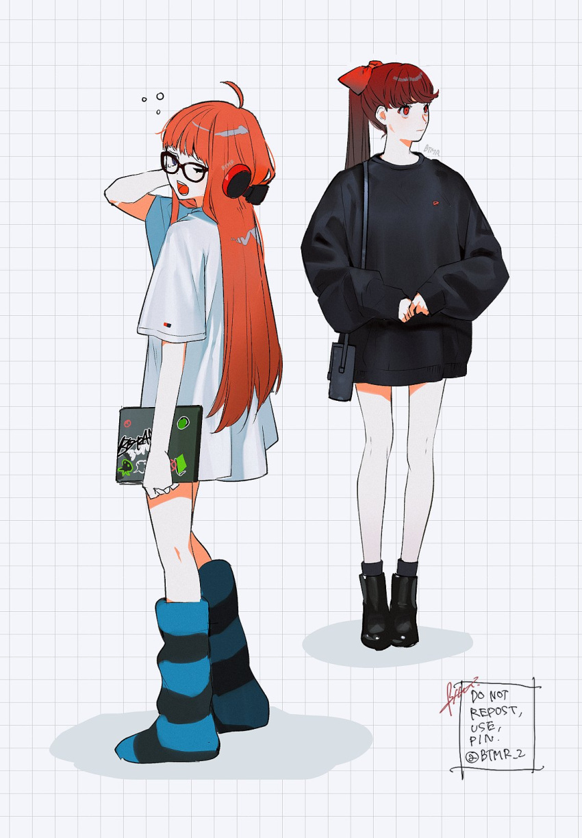 2girls black_footwear black_sweater boots bow btmr_game closed_mouth computer full_body glasses hair_bow headphones highres holding laptop long_hair long_sleeves multiple_girls one_eye_closed open_mouth orange_hair oversized_clothes oversized_shirt persona persona_5 persona_5_the_royal red_bow red_eyes redhead sakura_futaba shirt shoes short_sleeves signature simple_background standing sweater t-shirt twitter_username white_shirt yoshizawa_kasumi