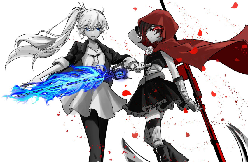 2girls black_dress blue_eyes blush cape color_contrast dress english_commentary flaming_sword flaming_weapon glowing glowing_eye gradient_hair grey_eyes highres holding holding_weapon jacket long_hair multicolored_hair multiple_girls petals red_hood redhead rose_petals ruby_rose rwby scar scar_across_eye scythe short_hair sword tuemei weapon weiss_schnee white_dress white_hair yuri
