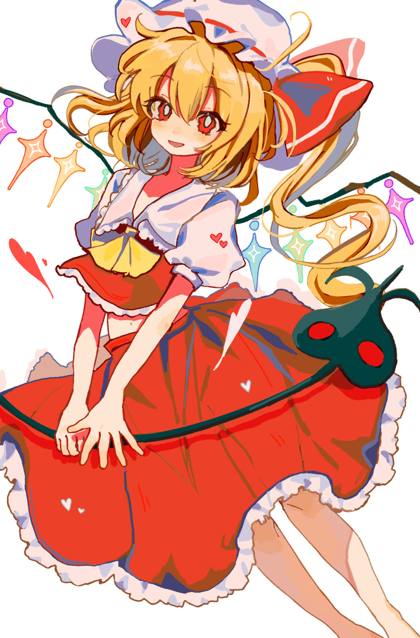 1girl :d ascot blonde_hair crystal feet_out_of_frame flandre_scarlet frilled_skirt frills hair_ribbon hat highres laevatein_(touhou) long_hair looking_at_viewer mob_cap puffy_short_sleeves puffy_sleeves red_eyes red_ribbon red_skirt red_vest ribbon shirt short_sleeves side_ponytail simple_background skirt skirt_set smile solo touhou vest wavy_eyes white_background white_headwear white_shirt wings yellow_ascot youshouhaoxianzhe