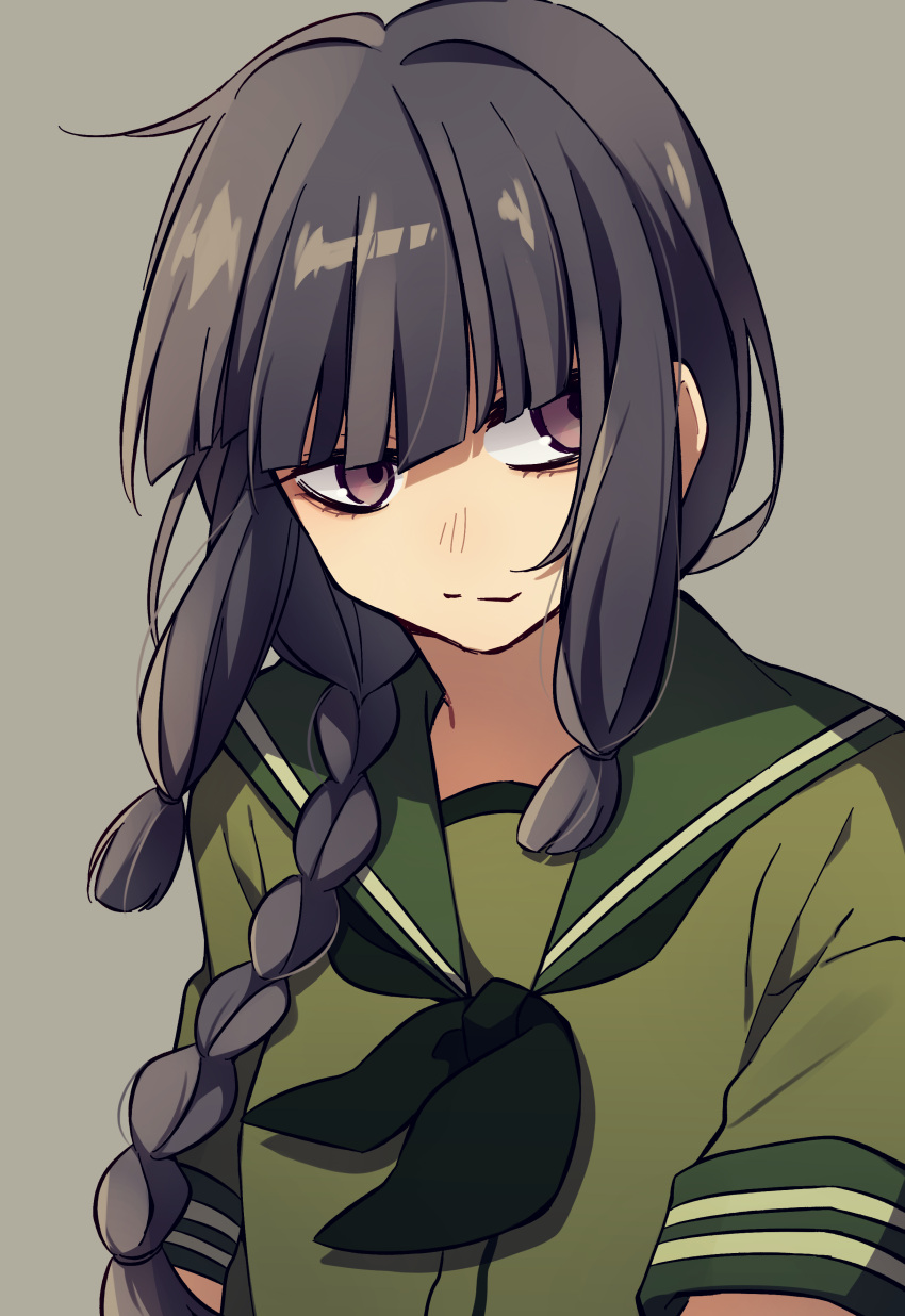 1girl absurdres black_hair blunt_bangs braid brown_eyes closed_mouth green_neckerchief green_sailor_collar grey_background hair_over_shoulder highres kantai_collection kitakami_(kancolle) long_hair neckerchief sailor_collar school_uniform serafuku short_sleeves sidelocks simple_background single_braid solo sumoffu upper_body