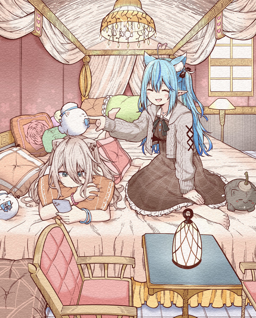 2girls :&gt; :d ^_^ ahoge animal_ear_fluff animal_ears barefoot bead_bracelet beads bed black_bow black_ribbon blue_bow blue_bowtie blue_hair blush bow bowtie bracelet brown_dress cable_knit canopy_bed cardigan cat_ears cellphone chair closed_eyes closed_mouth collared_shirt commentary_request cushion dress ear_piercing expressionless extra_ears feet frilled_dress frills grey_cardigan grey_eyes grey_hair hair_between_eyes hair_bow hand_up hat heart heart_ahoge highres holding holding_phone hololive index_finger_raised indoors jewelry lamp lantern lion_ears long_bangs long_hair long_sleeves lying multicolored_hair multiple_girls neck_ribbon necklace on_bed on_stomach open_cardigan open_clothes open_mouth parted_bangs phone piercing pillow pinafore_dress pointy_ears poking ribbon shirt shishiro_botan shishiro_botan_(4th_costume) sidelocks sitting sleeveless sleeveless_dress sleeves_past_wrists smartphone smile ssrb_(shishiro_botan) streaked_hair table toes two_side_up virtual_youtuber wariza white_headwear white_shirt window wing_collar yukihana_lamy yukihana_lamy_(3rd_costume) yukimin_(yukihana_lamy) yurai0739