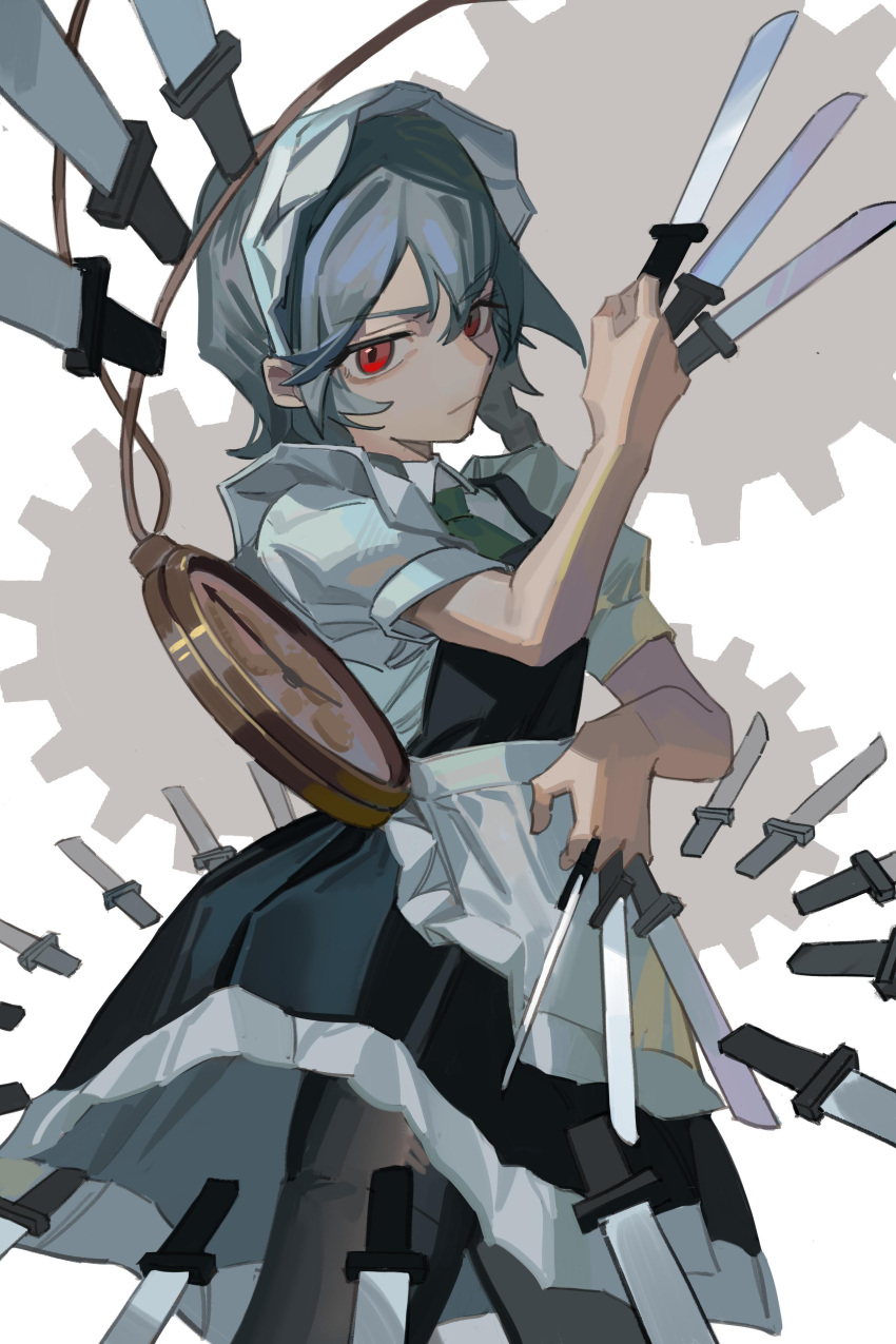 1girl absurdres apron between_fingers black_dress black_pantyhose collared_shirt commentary cowboy_shot dress from_side gears green_necktie grey_hair hand_up highres holding holding_knife izayoi_sakuya knife kofi-mo maid maid_headdress necktie pantyhose pocket_watch puffy_short_sleeves puffy_sleeves red_eyes shirt short_dress short_hair short_sleeves solo throwing_knife touhou waist_apron watch weapon white_apron white_background white_shirt