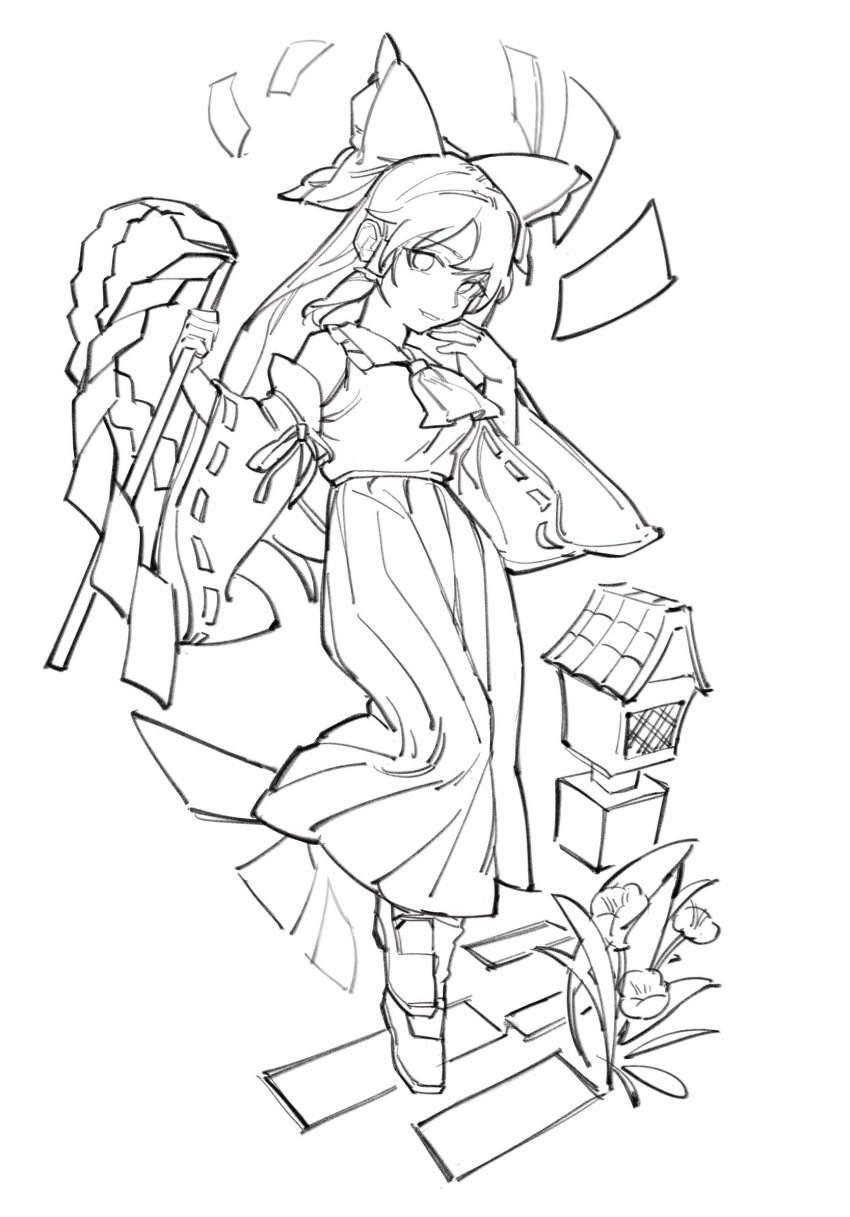 1girl ascot bow detached_sleeves flower full_body grin hair_bow hakurei_reimu hands_up highres holding holding_stick huge_bow kofi-mo long_hair long_skirt looking_at_viewer mary_janes monochrome ribbon-trimmed_sleeves ribbon_trim shirt shoes sketch skirt sleeveless sleeveless_shirt smile solo standing standing_on_one_leg stick touhou
