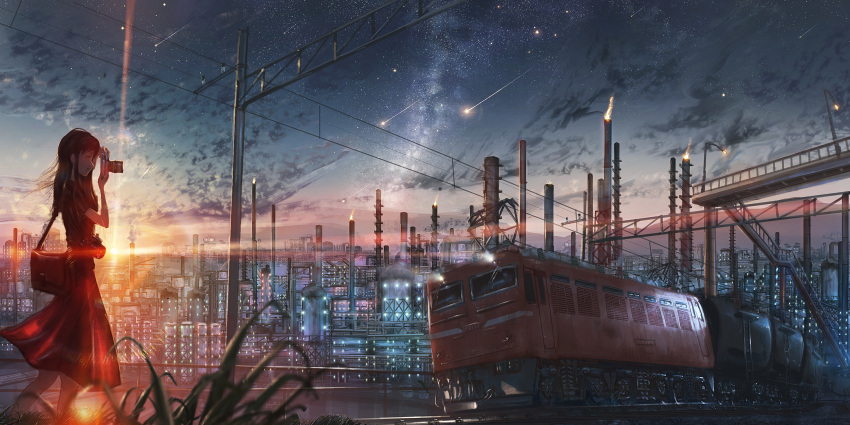 1girl blue_dress bridge camera clouds commentary_request dress dusk factory flare_stack floating_hair highres holding holding_camera industrial kenzo_093 light long_hair original outdoors power_lines railroad_tracks scenery shooting_star sky solo star_(sky) starry_sky sunset taking_picture train wide_shot