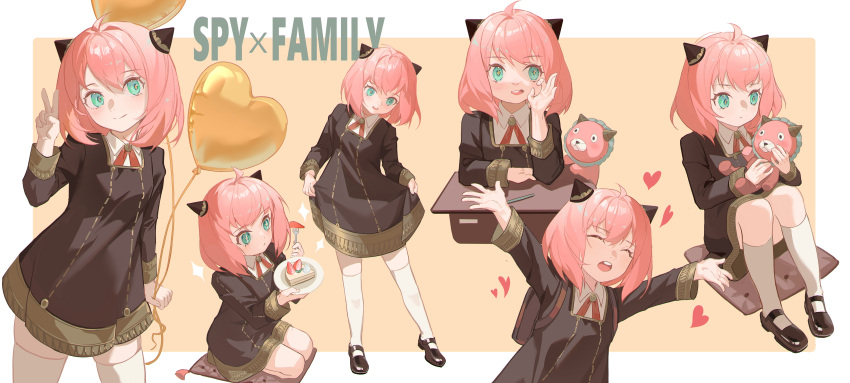 1girl absurdres anya_(spy_x_family) balloon blue_eyes blush cake cake_slice closed_eyes collared_shirt copyright_name cross_tie desk director_chimera_(spy_x_family) double_bun eden_academy_school_uniform female_child food full_body gold_trim hair_bun hairpods heart_balloon highres holding holding_balloon holding_stuffed_toy long_sleeves mary_janes medium_hair open_mouth pencil pink_hair qiu_xiong_ji_e school_uniform shirt shirt_under_dress shoes simple_background smile spy_x_family standing stuffed_toy teeth thigh-highs upper_teeth_only v white_background white_shirt white_thighhighs