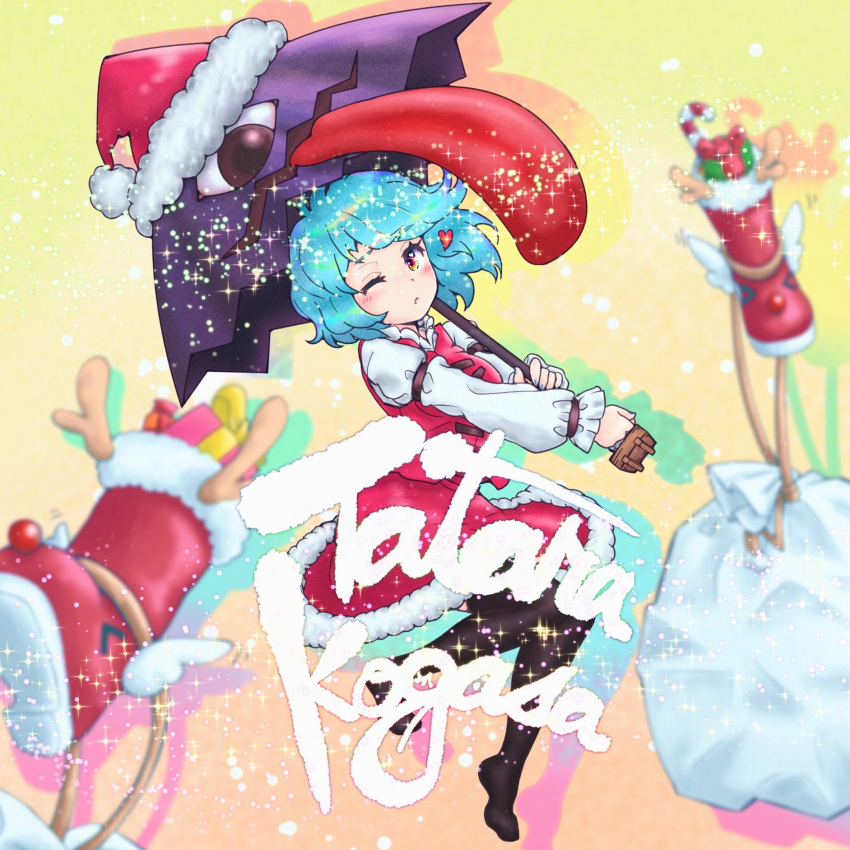 1girl barefoot blue_hair boots carbohydrate_(asta4282) character_name commentary_request feet full_body fur_trim hat heart highres holding holding_umbrella karakasa_obake looking_at_viewer one_eye_closed purple_umbrella red_eyes red_headwear red_skirt santa_boots santa_costume santa_hat short_hair simple_background skirt snow solo tatara_kogasa tongue touhou umbrella yellow_background