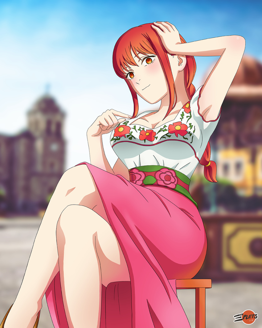 1girl blurry chainsaw_man crossed_legs depth_of_field highres looking_at_viewer makima_(chainsaw_man) mexican_dress mexico pink_skirt red_eyes redhead sitting skirt solo user_zfgk3835