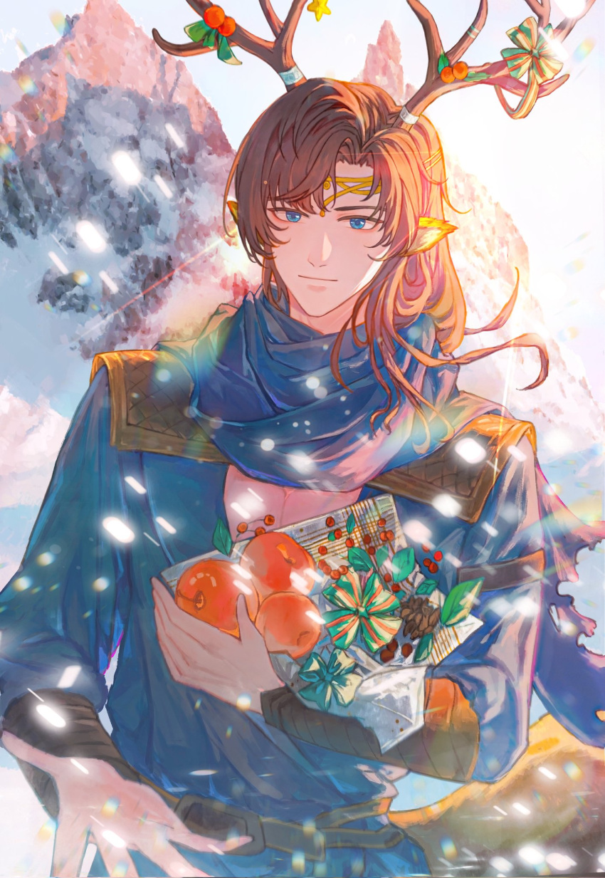 1boy animal_ears antlers apple armlet artem_wing_(tears_of_themis) blue_eyes blue_robe blue_scarf brown_hair christmas closed_mouth deer_ears food fruit gift highres holding holding_gift long_hair long_sleeves male_focus mountain outdoors reindeer_antlers robe scarf smile snowing solo tears_of_themis tubayran upper_body