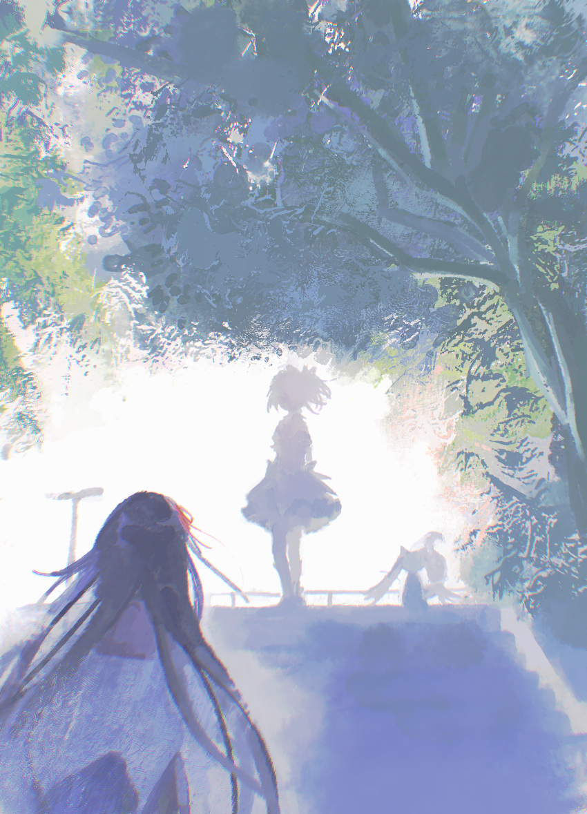 2girls akemi_homura black_hair bubble_skirt chinese_commentary chromatic_aberration commentary_request daisygreen day facing_another facing_away frilled_skirt frills from_behind hair_ribbon highres jacket kaname_madoka kyubey long_hair magical_girl mahou_shoujo_madoka_magica multiple_girls outdoors procreate_(medium) ribbon scenery short_hair silhouette skirt stairs standing tree white_jacket