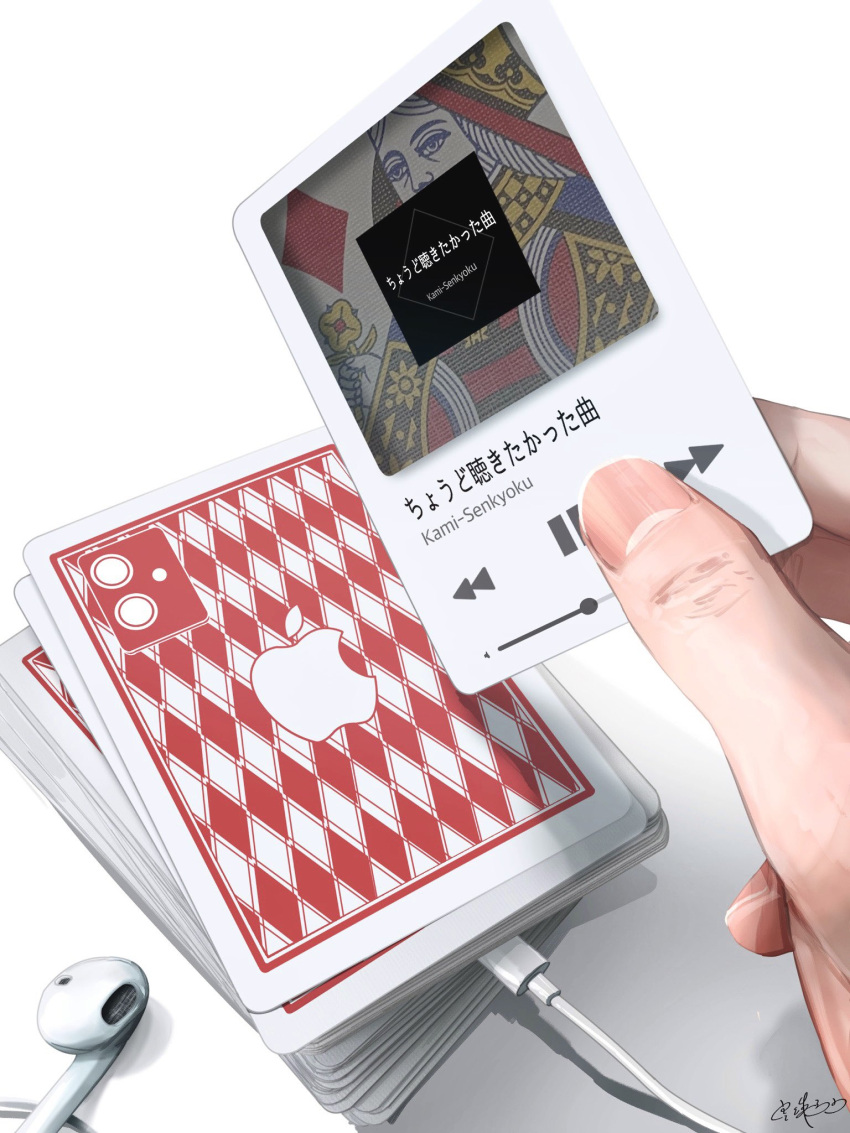 apple_inc. cable card commentary_request earphones fingernails highres holding holding_card original out_of_frame pause_button playing_card signature simple_background translation_request utsusemi_rari white_background