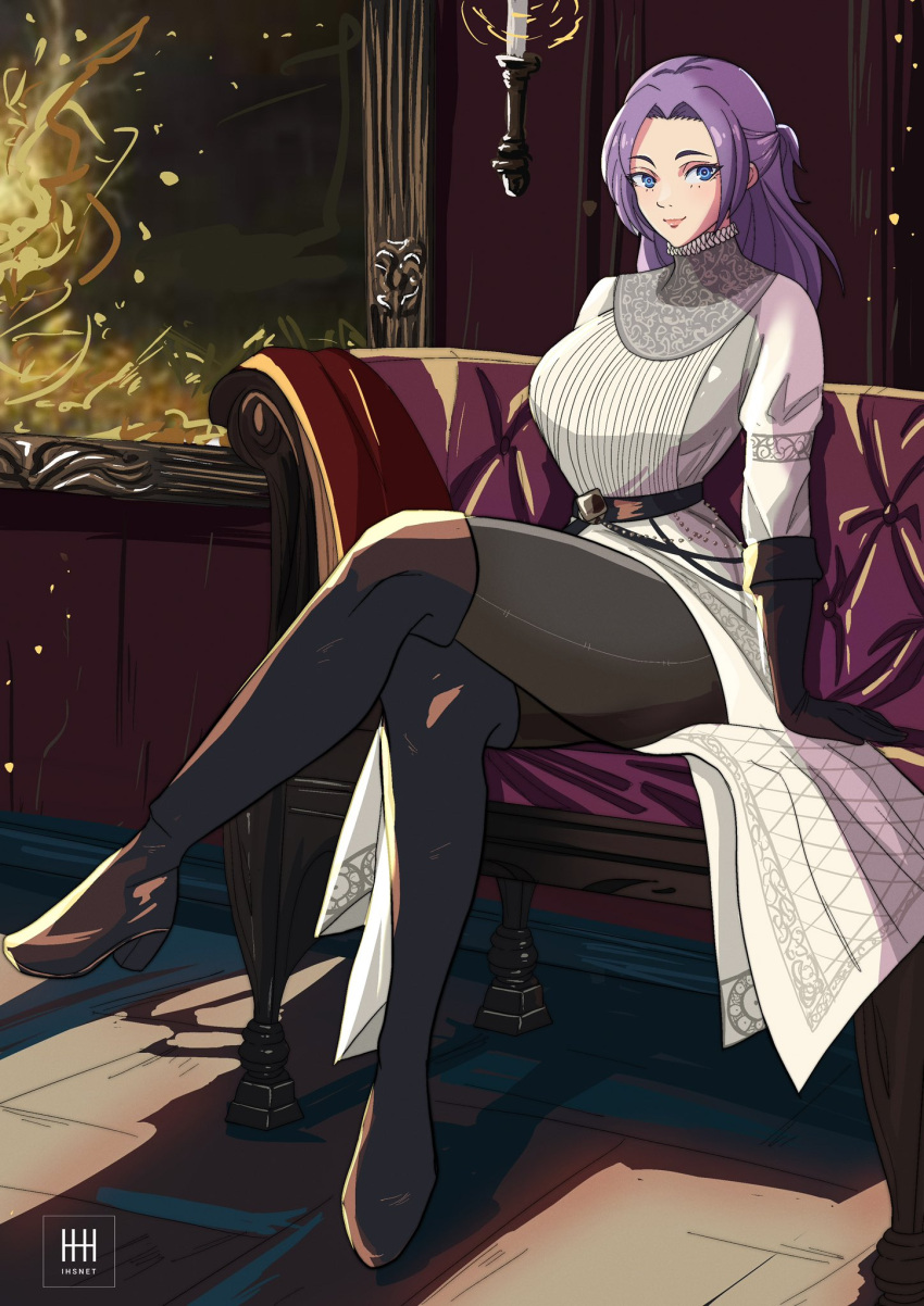 1girl black_footwear black_gloves blue_eyes boots candle couch crossed_legs dress elden_ring gloves highres ihsnet long_hair looking_at_viewer original painting_(object) purple_hair sitting smile solo tarnished_(elden_ring) thigh_boots watermark white_dress