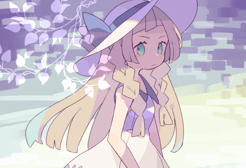 1girl bad_id bad_tumblr_id bare_arms black_ribbon blonde_hair blunt_bangs blunt_ends braid closed_mouth collared_dress commentary_request daizu_(melon-lemon) dress film_grain floral_background green_eyes hat hat_ribbon leaf lillie_(pokemon) long_hair looking_at_viewer looking_to_the_side no_sclera pokemon pokemon_(game) pokemon_sm ribbon sleeveless sleeveless_dress solo straight_hair sun_hat sundress twin_braids white_dress white_headwear