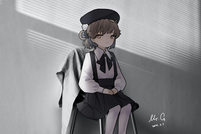 1girl beret black_headwear black_ribbon black_skirt brown_eyes brown_hair chinese_commentary closed_mouth collared_shirt commentary_request dated english_commentary feet_out_of_frame flower grey_background hair_flower hair_ornament hair_ribbon half-closed_eyes hands_on_lap hat hatoba_tsugu highres indoors lan_yangqi_qiu light_smile long_sleeves looking_at_viewer mixed-language_commentary mole mole_under_eye neck_ribbon on_chair own_hands_together pantyhose partially_colored photo_background pleated_skirt puffy_long_sleeves puffy_sleeves ribbon rose shirt shirt_tucked_in short_hair signature single_hair_ring sitting skirt sleeve_cuffs solo suspender_skirt suspenders tsugu_(vtuber) virtual_youtuber white_flower white_pantyhose white_rose white_shirt window_shade