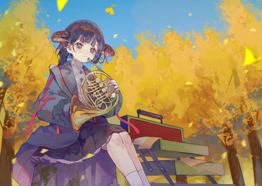 1girl absurdres black_hair black_jacket black_skirt blue_sky braid brown_eyes cha_goma closed_mouth comiket_102 commentary_request day feet_out_of_frame ginkgo_leaf ginkgo_tree grey_sweater highres holding holding_instrument horns instrument instrument_request jacket leaf light_brown_hair long_hair looking_at_viewer original outdoors pleated_skirt sitting skirt sky socks solo sweater tree white_socks