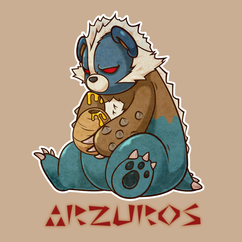 absurdres animal_focus arzuros bear beehive character_name claws highres holding honey iraken light_brown_background monster monster_hunter_(series) no_humans no_pupils pawpads red_eyes sitting triforce